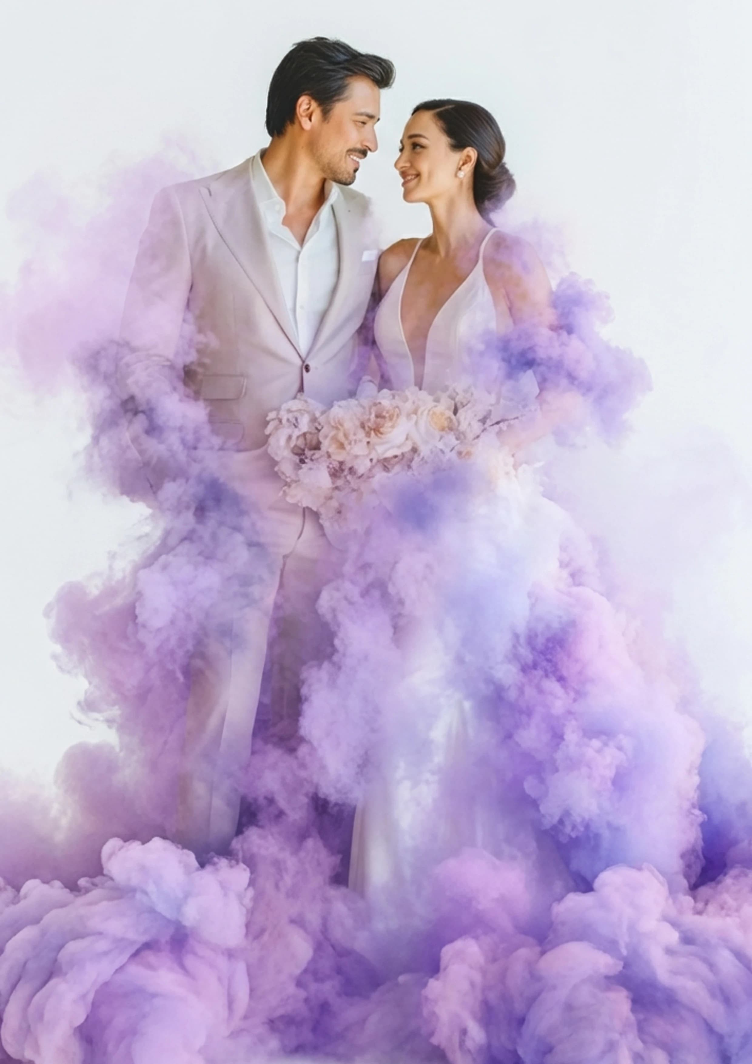 Beispiel-Druckdatei im A3-Format: Hochzeitsfoto eines Paares im lila Rauch