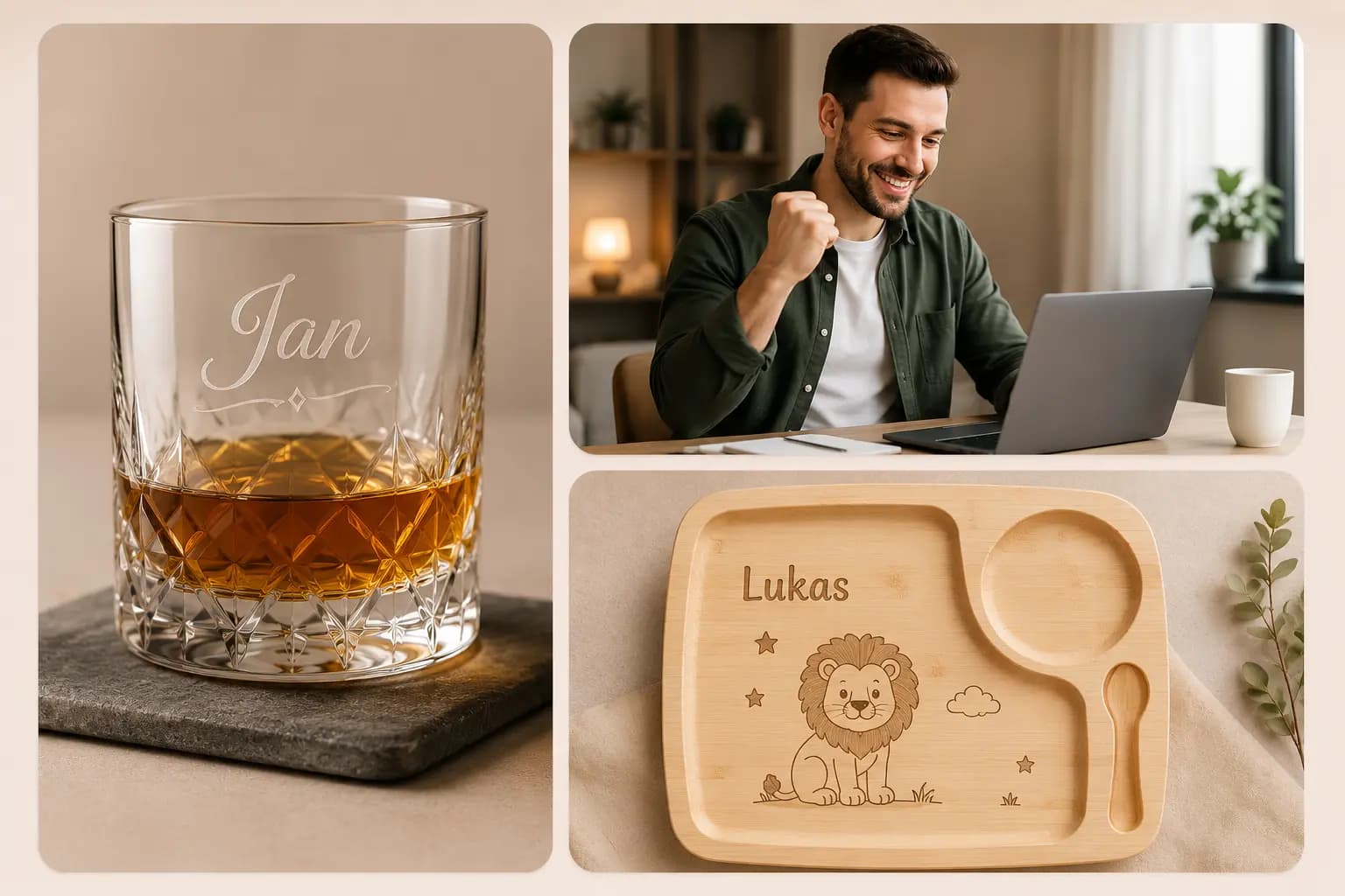 Personalisierte Produkte und glücklicher Verkäufer