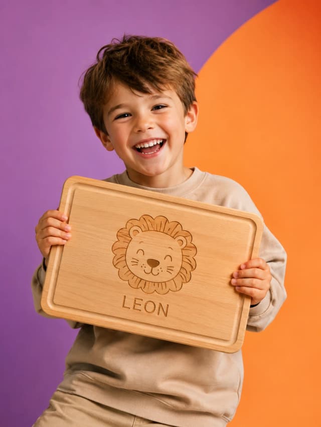 Junge hält personalisiertes Leon Holzbrettchen