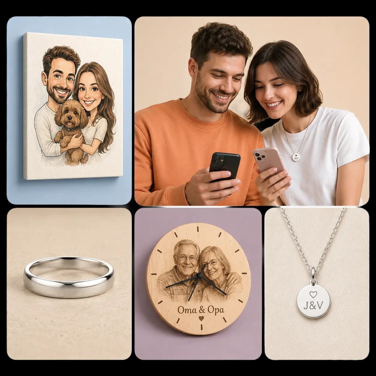 Personalisierte Produkte aus shipply-Produktion: Karikatur-Leinwand, Schmuck-Anhänger, Holzuhr mit Foto-Gravur, Ring, glückliches Paar