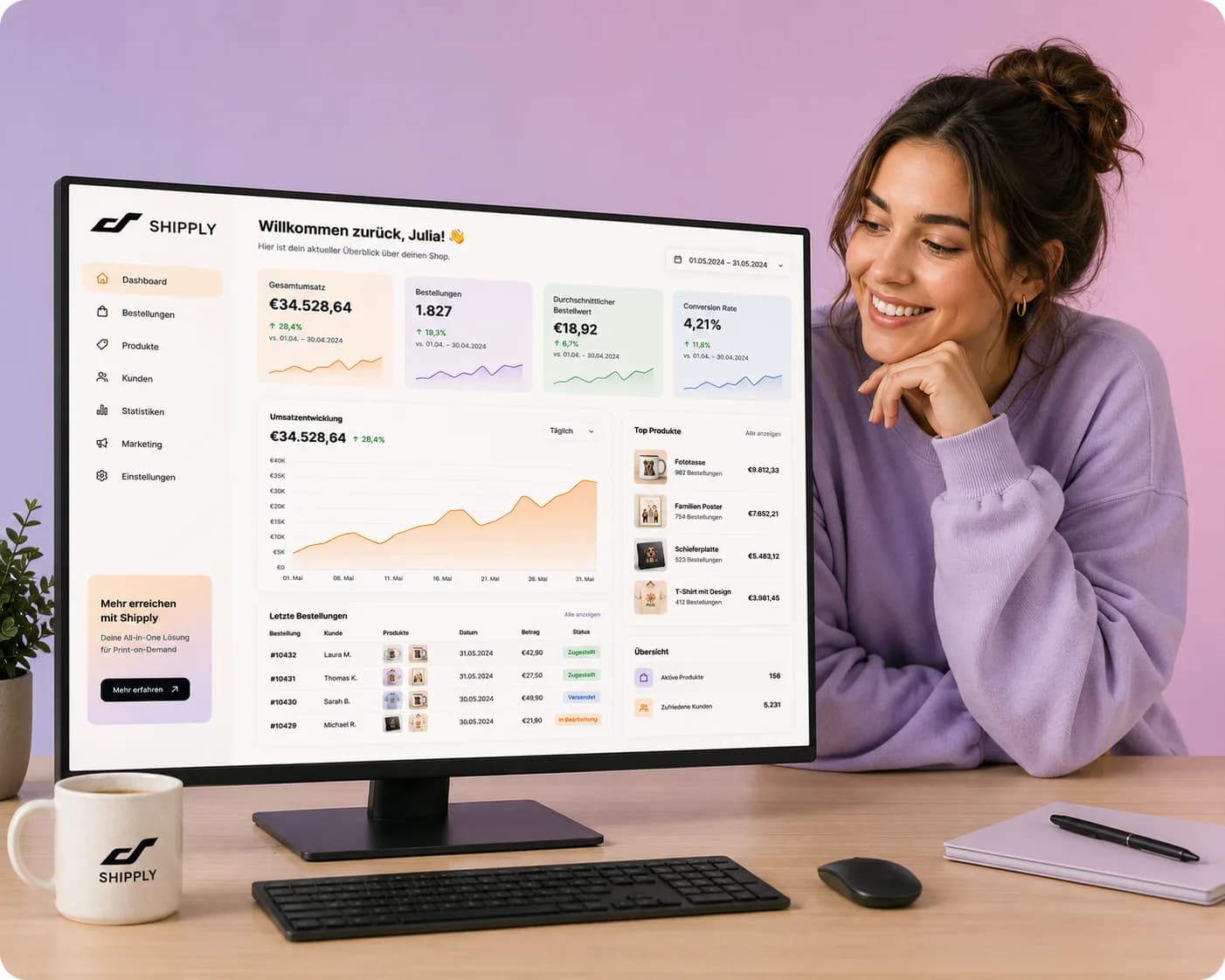 Amazon Seller Central-Dashboard neben shipply-Oberfläche mit synchronisierten Listings und Bestellstatus