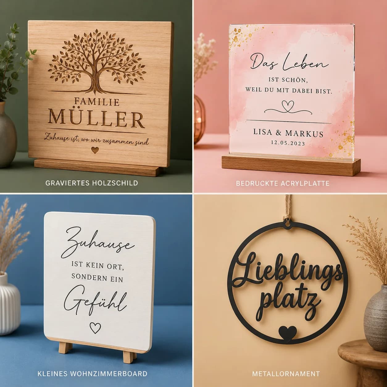 Sortiment personalisierter Dekorationsprodukte — Holzschilder, Acrylplatten und Metallornamente auf einem Wohnzimmerbord