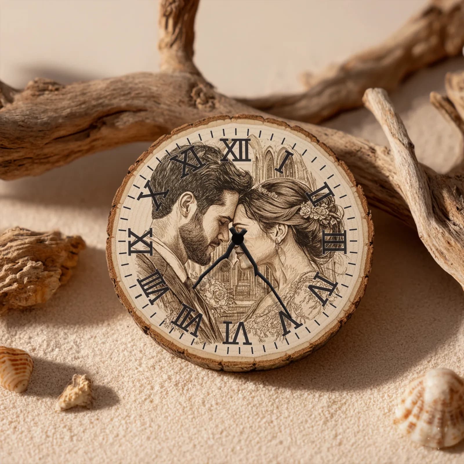 Personalisierte Wanduhr aus hellem Holz mit eingravierten Koordinaten und Familiennamen — minimalistisches Design