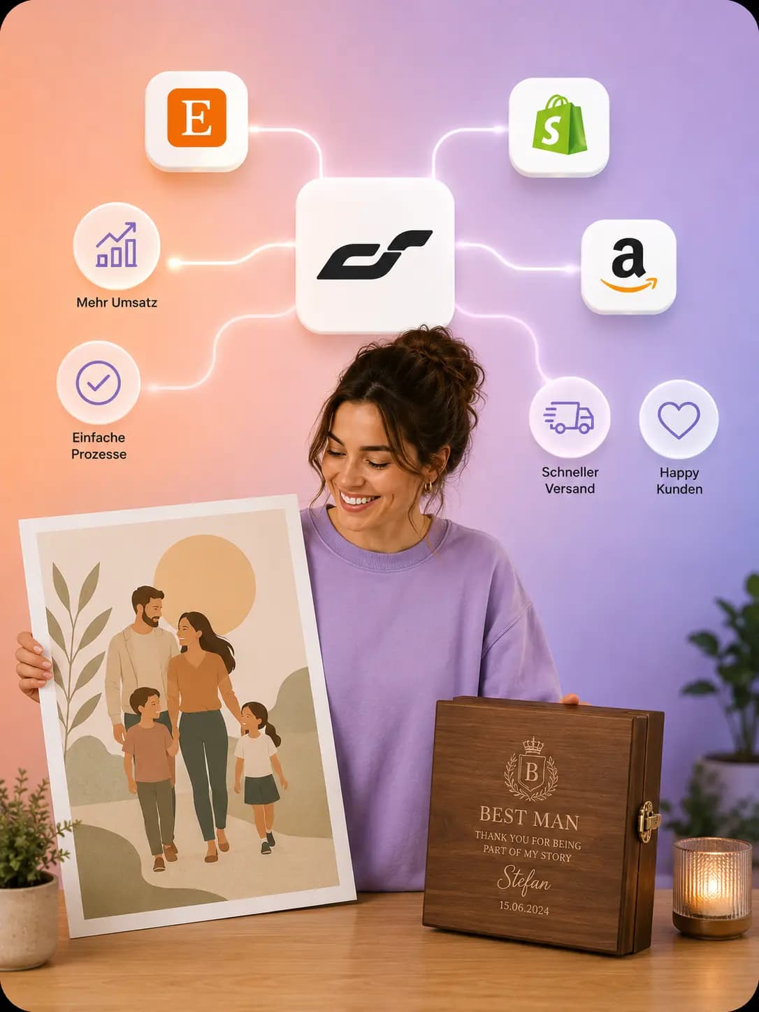 Eine Verkäuferin mit personalisiertem Familien-Poster und Gravur-Holzbox, umgeben von Marketplace-Logos und Benefit-Icons