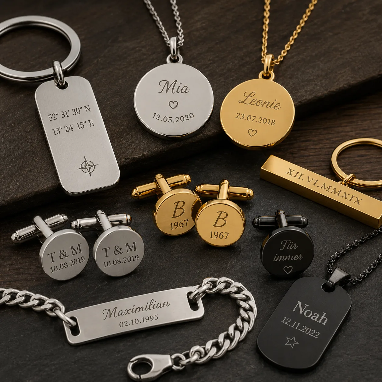 Schmuck-Sortiment mit Gravur — Armbänder und Anhänger
