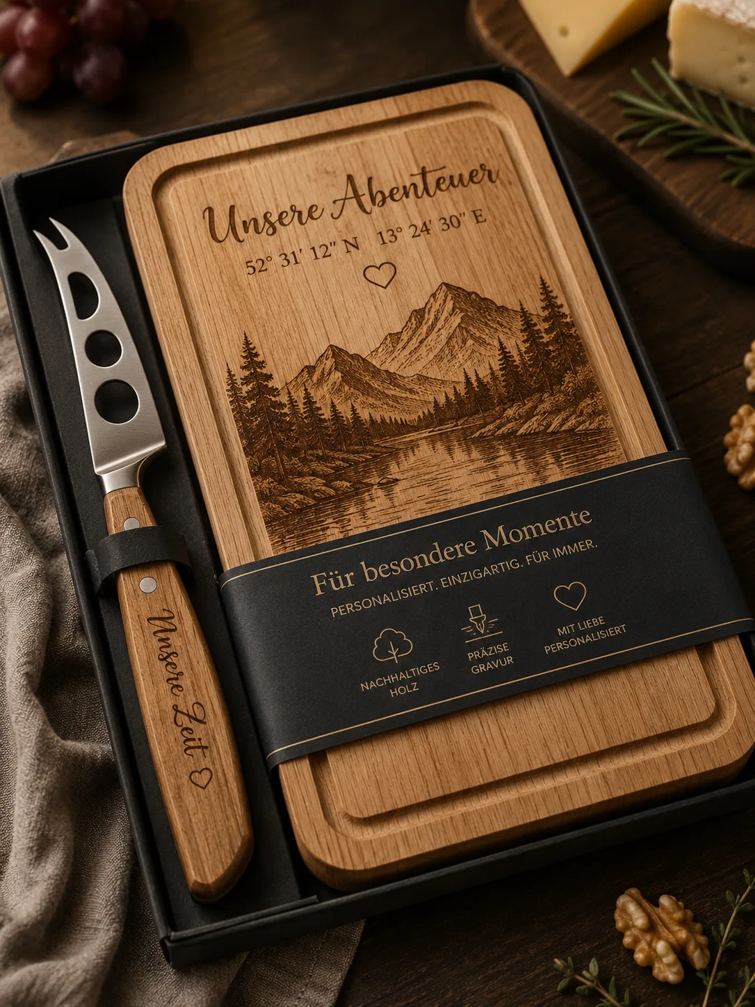 Holzbrettchen mit Käsemesser-Set und Banderole